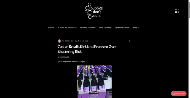 Security scan screenshot of https://www.bubblesdontcount.com/post/costco-recalls-kirkland-prosecco-over-shattering-risk