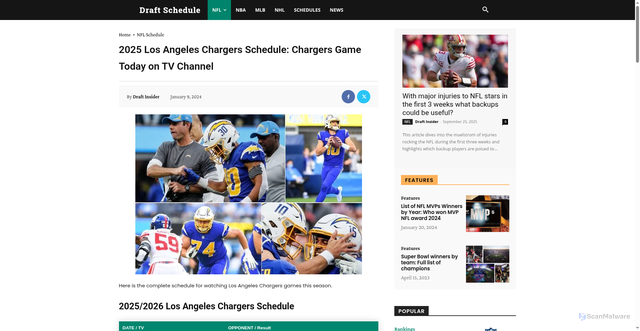 Security scan screenshot of https://draftschedule.com/los-angeles-chargers-schedule/