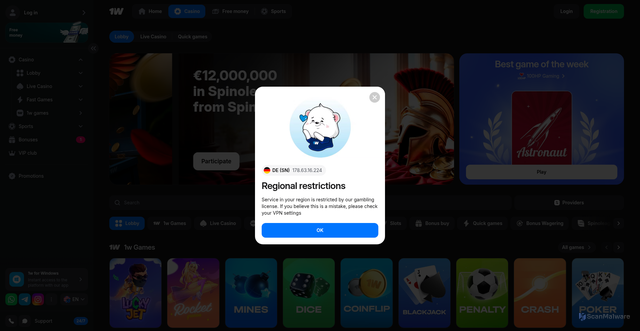 Security scan screenshot of https://1wdcyg.com/casino/list?open=register&p=9t6j