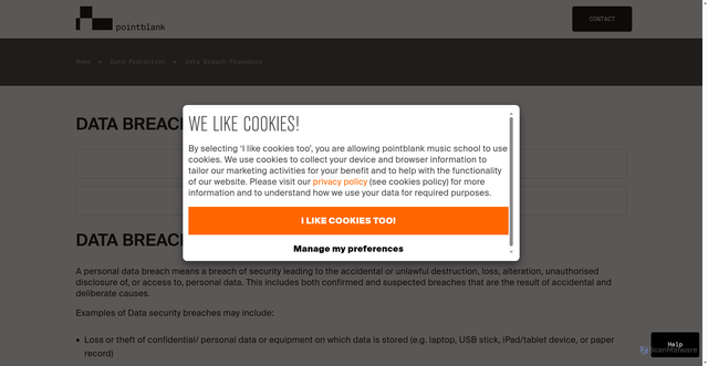 Security scan screenshot of https://www.pointblankmusicschool.com/dataprotection/data-breach-procedure/