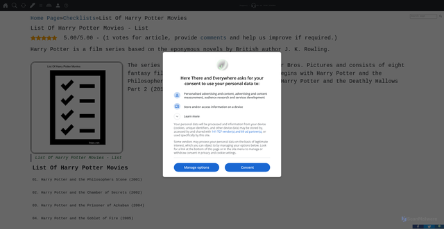 Security scan screenshot of https://www.htae.net/checklist/list-of-harry-potter-movies/1314/