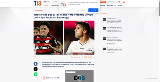 Security scan screenshot of https://www.t13.cl/noticia/deportes13/brasileirao-por-13-hora-donde-ver-vivo-sao-paulo-vs-flamengo-4-11-2025