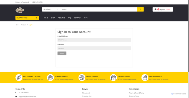 Security scan screenshot of https://papastateid.com/index.php?route=account/order