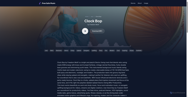 Security scan screenshot of https://freesafemusic.pages.dev/tracks/clock-bop/