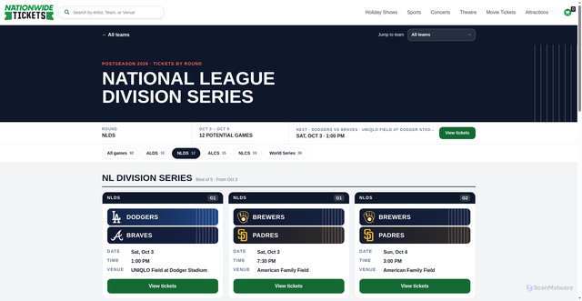 Security scan screenshot of https://nationwidetickets.com/mlb-postseason/all-events?round=nlds