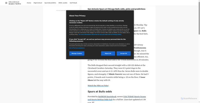 Security scan screenshot of https://www.hillsdale.net/story/sports/nba/2025/11/10/spurs-at-bulls-odds-picks-and-predictions/87196349007/
