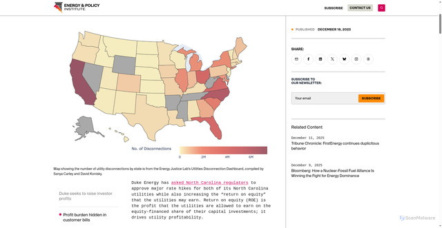Security scan screenshot of https://energyandpolicy.org/duke-energy-seeks-higher-nc-rates-profits-as-disconnections-soar/