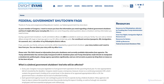 Security scan screenshot of http://evans.house.gov/shutdownfaqs