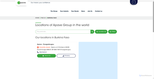 Security scan screenshot of https://find-us.apave.com/en/burkina-faso