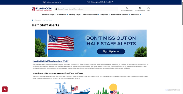 Security scan screenshot of https://www.flags.com/half-staff-alert/?srsltid=AfmBOoqmycbC17DiZK1P5tP3bP5Sdgl-7pvEKWgNXMbQLyBu7sLyCZU8