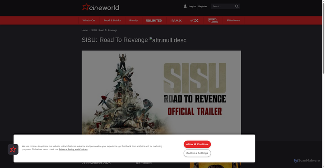 Security scan screenshot of https://www.cineworld.ie/films/sisu-road-to-revenge/ho00013917