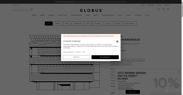 Security scan screenshot of https://www.globus.ch/stores/zurich?sc_src=email_4292855&sc_lid=295815459&sc_uid=zP3R20i424&sc_llid=223494&sc_customer=0327f37c9208167d9b0b5fb90d68e28589aef0066bddedd98d9d5328a5adbcbc&utm_source=newsletter_de&utm_medium=email&utm_campaign=20260927_prom_fashiondays_lastday_doppeltbonus_DE_4292855&guid=0327f37c9208167d9b0b5fb90d68e28589aef0066bddedd98d9d5328a5adbcbc&utm_content=