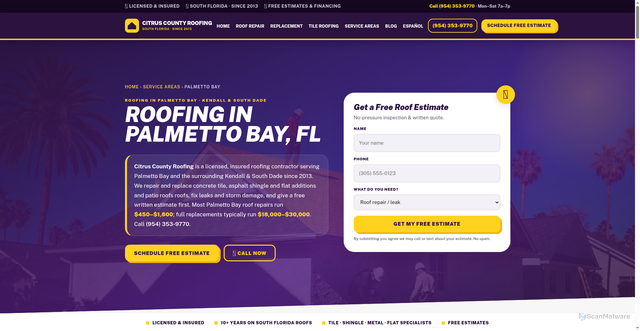 Security scan screenshot of https://miamiroofingflorida.com/roofing-palmetto-bay/