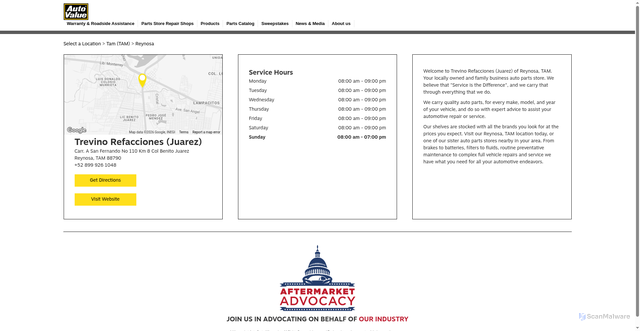 Security scan screenshot of https://locations.autovalue.com/tam/reynosa/3914425/