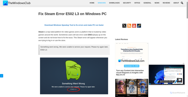 Security scan screenshot of https://www.thewindowsclub.com/how-to-fix-steam-error-e502-l3