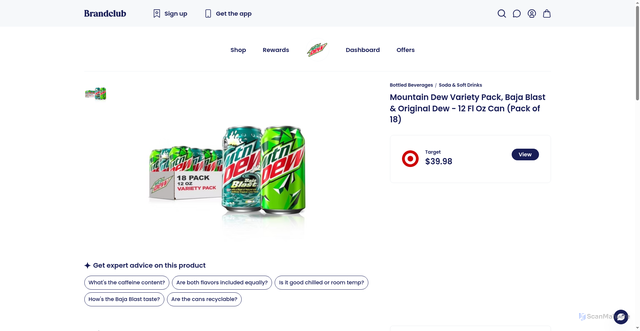 Security scan screenshot of https://www.brandclub.com/Mountain-Dew-Variety-Pack-Baja-Blast-/p/WZ4LW8Y62/product