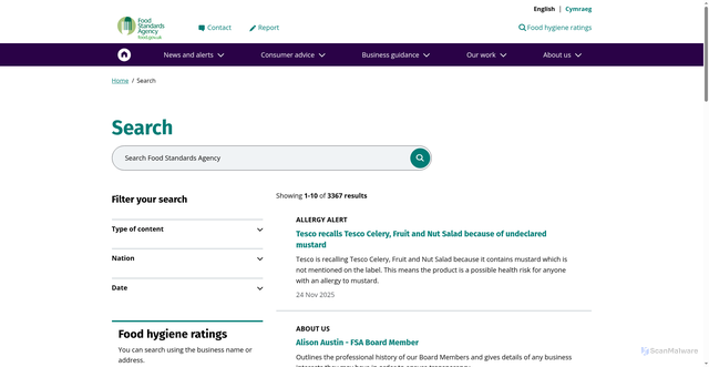 Security scan screenshot of https://www.food.gov.uk/search
