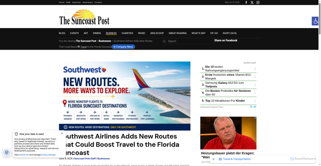 Security scan screenshot of https://www.suncoastpost.com/businesses/southwest-airlines-adds-new-routes-that-could-boost-travel-to-the-florida-suncoast/