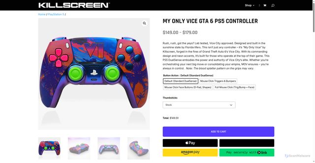 Security scan screenshot of https://www.killscreen.io/product/gta6-ps5-controller/
