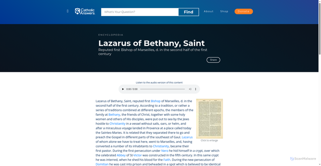 Security scan screenshot of https://www.catholic.com/encyclopedia/lazarus-of-bethany-saint