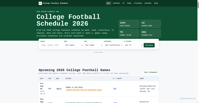 Security scan screenshot of https://www.collegefootballschedule.net/