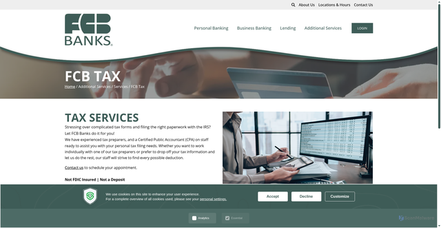 Security scan screenshot of https://www.fcbbanks.com/additional-services/services/fcb-tax
