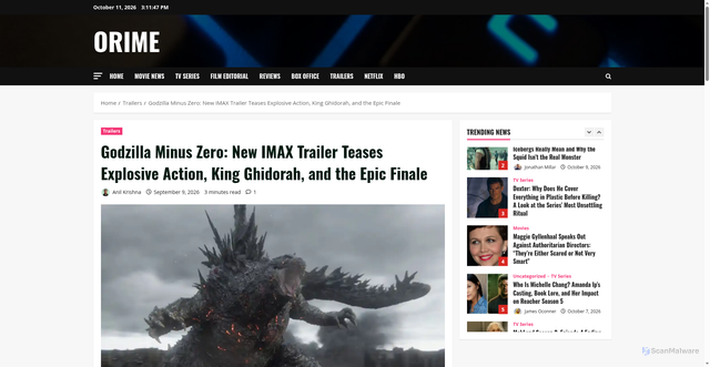 Security scan screenshot of https://orime.in/godzilla-minus-zero-new-imax-trailer-teases-explosive-action-king-ghidorah-and-the-epic-finale/