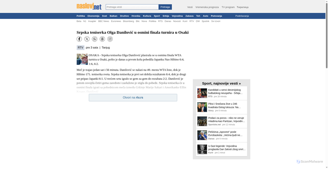 Security scan screenshot of https://naslovi.net/2025-10-13/rtv/srpska-teniserka-olga-danilovic-u-osmini-finala-turnira-u-osaki/40660043