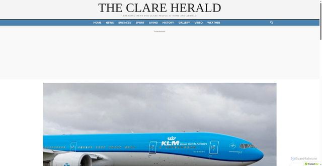 Security scan screenshot of https://clareherald.com/news/emergency-response/klm-flight-diverts-to-shannon-with-ill-passenger/