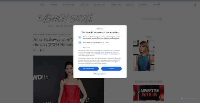 Security scan screenshot of https://fashionsizzle.com/2025/12/anne-hathaway-wore-valentino-haute-couture-to-the-2025-wwd-honors/