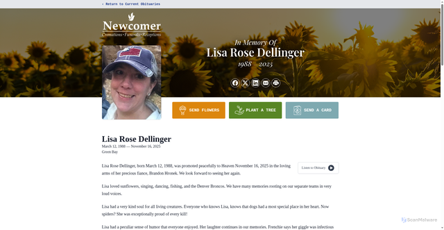 Security scan screenshot of https://www.newcomergreenbay.com/obituaries/lisa-dellinger