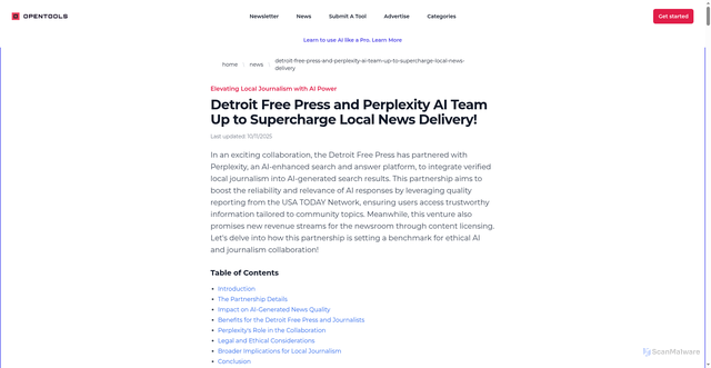 Security scan screenshot of https://opentools.ai/news/detroit-free-press-and-perplexity-ai-team-up-to-supercharge-local-news-delivery