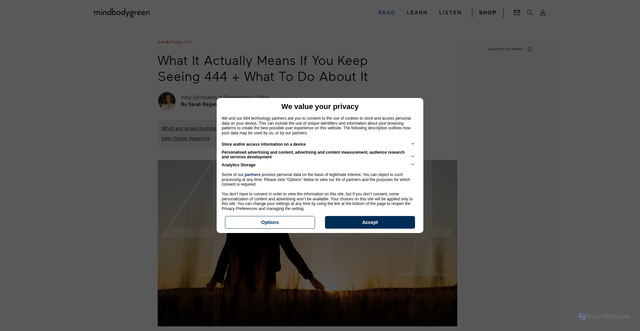 Security scan screenshot of https://www.mindbodygreen.com/articles/444-angel-number?srsltid=AfmBOoqxhjsdM8O2AuTiAq0bZdod9EhdBLw5yfnFGKR7SHcYST5uYHxc