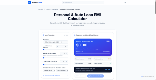 Security scan screenshot of https://kivarotools.com/finance/emi-calculator