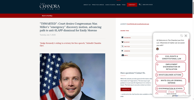 Security scan screenshot of https://www.chandralaw.com/blog/thwarted-court-denies-congressman-max-millers-emergency-discovery-motion-advancing-path-to-anti-slapp-dismissal-for-emily-moreno