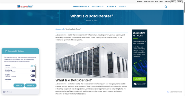 Security scan screenshot of https://phoenixnap.com/glossary/what-is-a-data-center