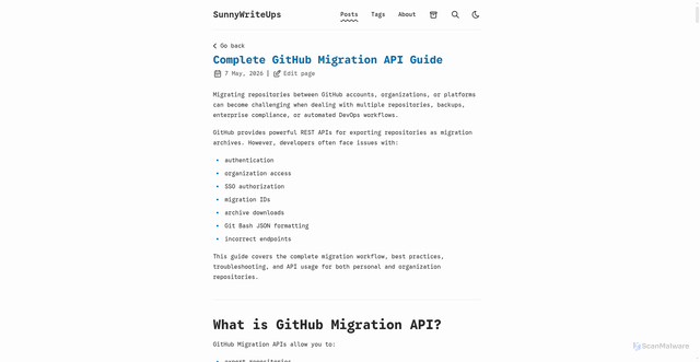 Security scan screenshot of http://buildwithsunny.com/posts/complete-github-migration-api-guide/