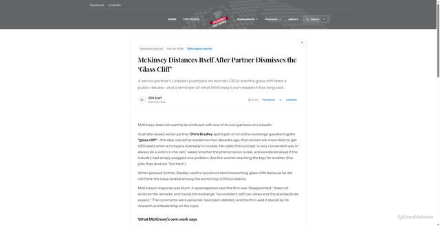 Security scan screenshot of https://insurance-daily-news-production-elcial.laravel.cloud/insurance-journal/post/mckinsey-rebukes-partner-who-questioned-challenges-facing-women-ceos