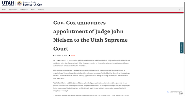 Security scan screenshot of https://governor.utah.gov/press/gov-cox-announces-appointment-of-judge-john-nielsen-to-the-utah-supreme-court/
