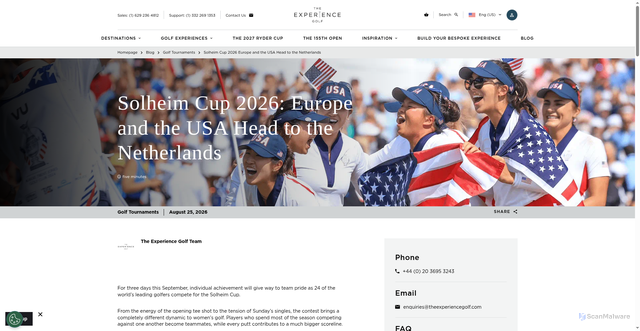 Security scan screenshot of https://www.theexperiencegolf.com/us/blog/golf-tournaments/2026/solheim-cup-2026-europe-and-the-usa-head-to-the-netherlands/