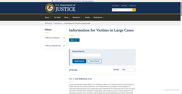 Security scan screenshot of http://justice-gov.net/information-victims-large-cases.html