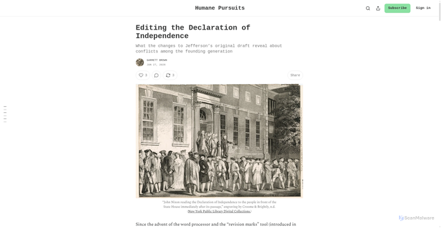 Security scan screenshot of https://humanepursuits.substack.com/p/editing-the-declaration-of-independence