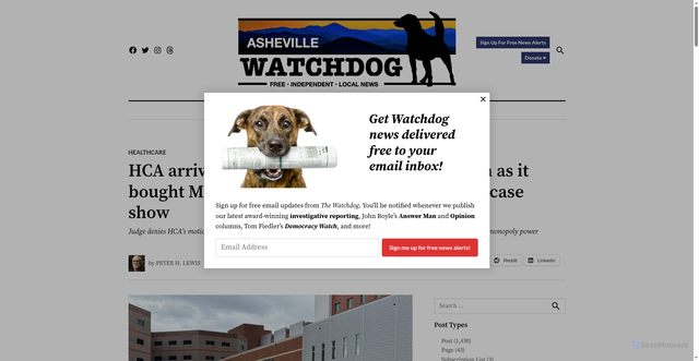 Security scan screenshot of https://avlwatchdog.org/hca-arrived-with-plans-to-cut-800-staff-as-soon-as-it-bought-mission-new-court-filings-in-antitrust-case-show/