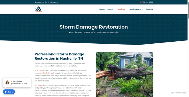 Security scan screenshot of https://accuworks.com/storm-damage-restoration/