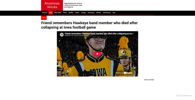 Security scan screenshot of https://www.anamosavoices.com/Iowa/News/detail/1/llKQkQQGVlA/friend-remembers-hawkeye-band-member-who-died-after-