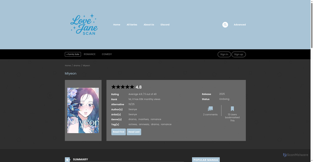 Security scan screenshot of http://lovesjane.site/manga/miyeon/