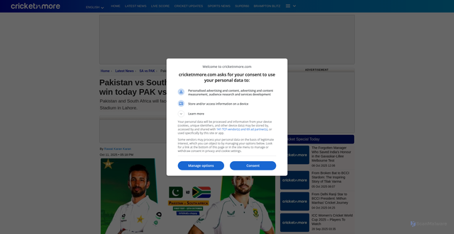 Security scan screenshot of https://www.cricketnmore.com/cricket-news/pakistan-vs-south-africa-1st-test-who-will-win-today-pak-vs-sa-match-179429