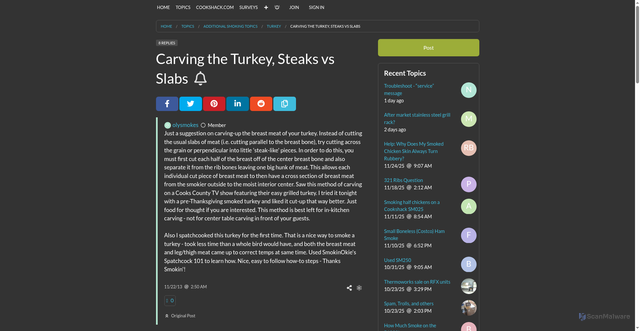 Security scan screenshot of https://forum.cookshack.com/topic/carving-the-turkey-steaks-vs-slabs