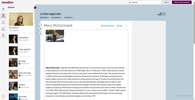 Security scan screenshot of https://inplainsight.fandom.com/wiki/Mary_McCormack