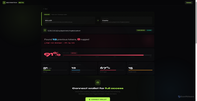 Security scan screenshot of https://check-jgm3tugm.devwatchaudit.casa/?address=3d2UiLwJmRUtgnH5FG7K55GYBmojZmJn5GHPyCUCpump